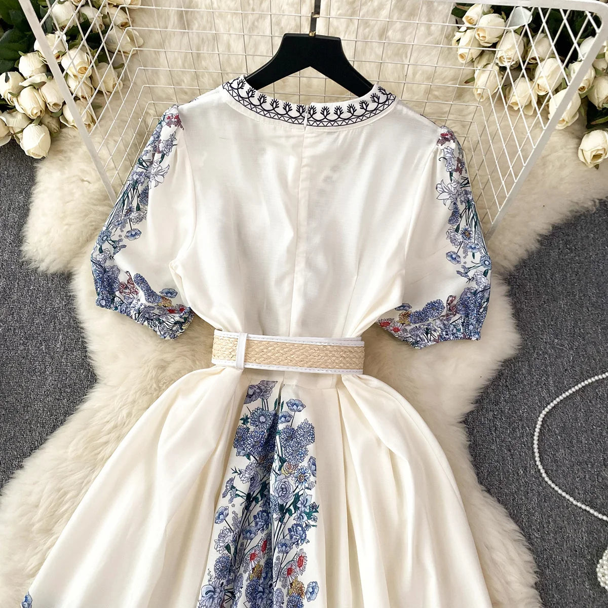 Party Dresses 2023 Elegant Vintage Floral Print Holiday Dress Women V Neck Short Puff Sleeve Summer Clothes Mini Dress With Belt