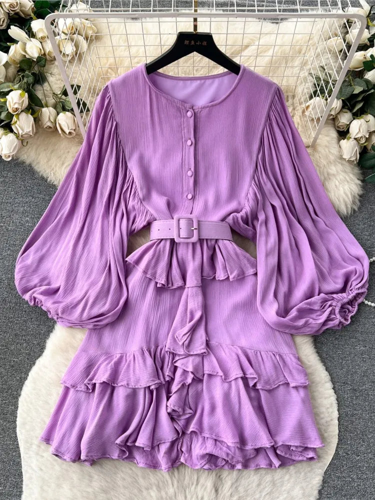 Vintage Puff Sleeve Ruffle Dress Women O-Neck A-Line Elegant Casual Party Prom Dresses Korean Autumn Fashion Female Vestidos New