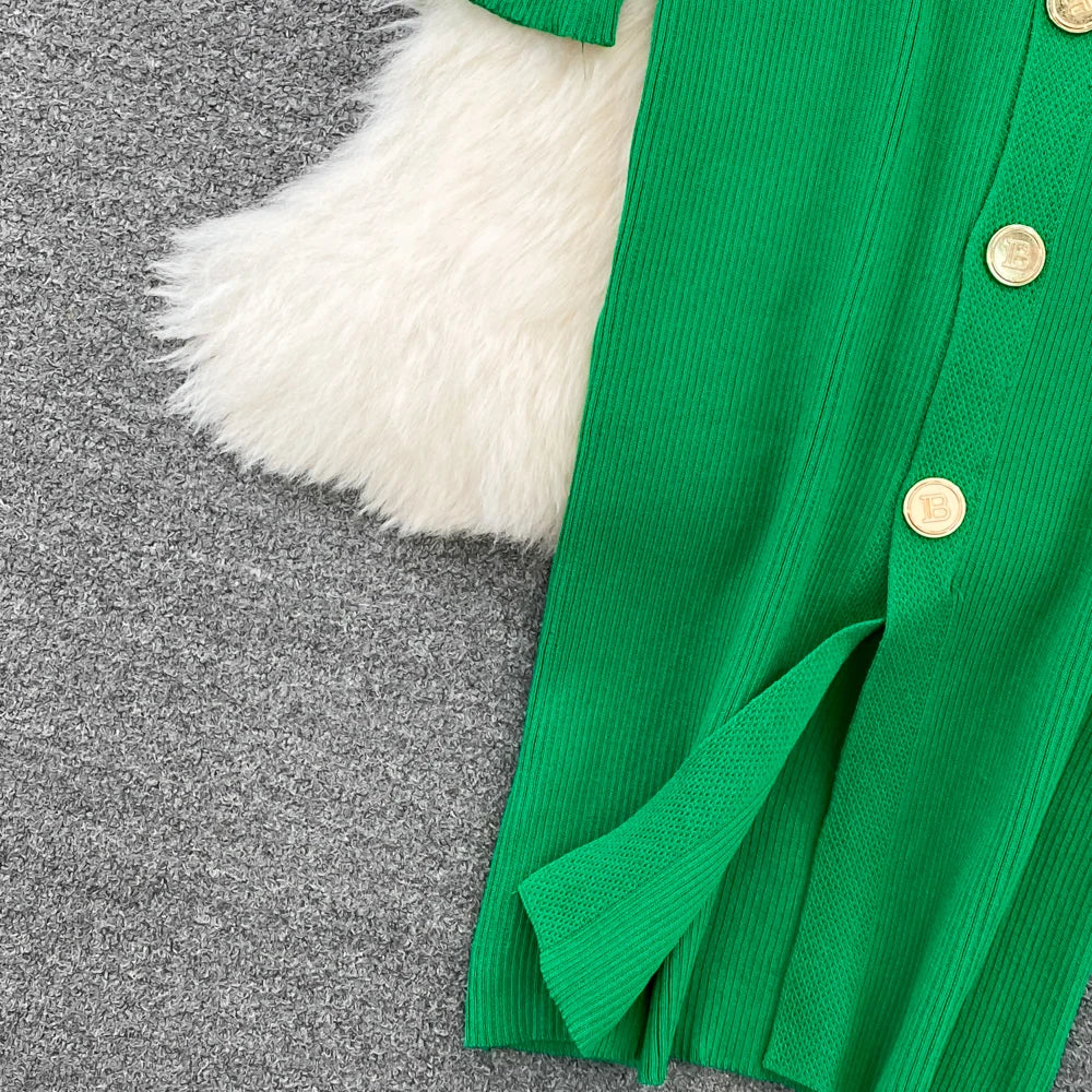 Sexy Split V-neck Long Sleeve Bodycon Dress Chic Elegant Evening Party French Fashion Knit Vestidos Women Autumn Pencil Dress
