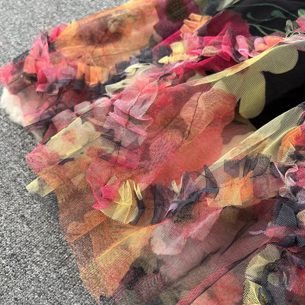 Retro Print Embroidery Elegant Mesh Dress A-line O-neck Long Sleeve Casual High Waist Dress Women Summer