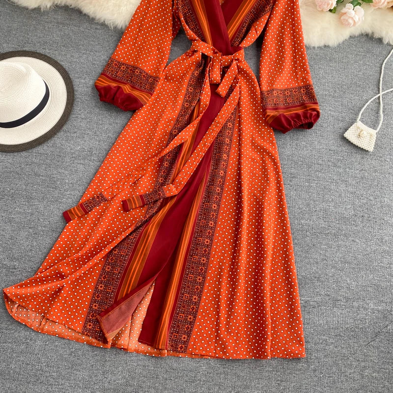 Vintage Print Elegant Puff Sleeve One Piece Dress A-line Lace-up Beach Vacation Midi Dress Women Fashion Spring Autumn Vestidos