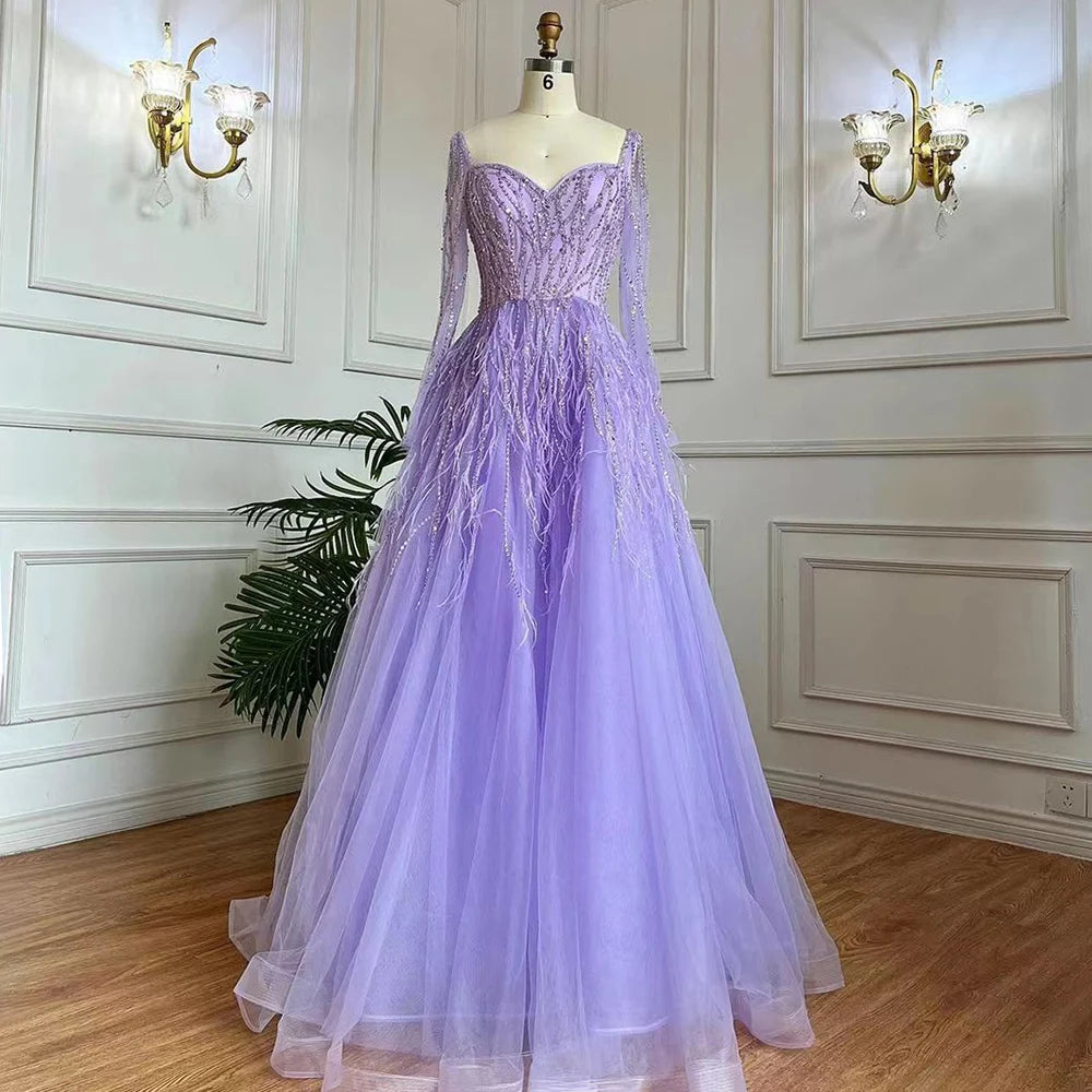 Serene Hill Arabic Red Elegant A Line For Women Long Sleeves Evening Dress Luxury Beaded Handmade Feathers 2024 LA71468