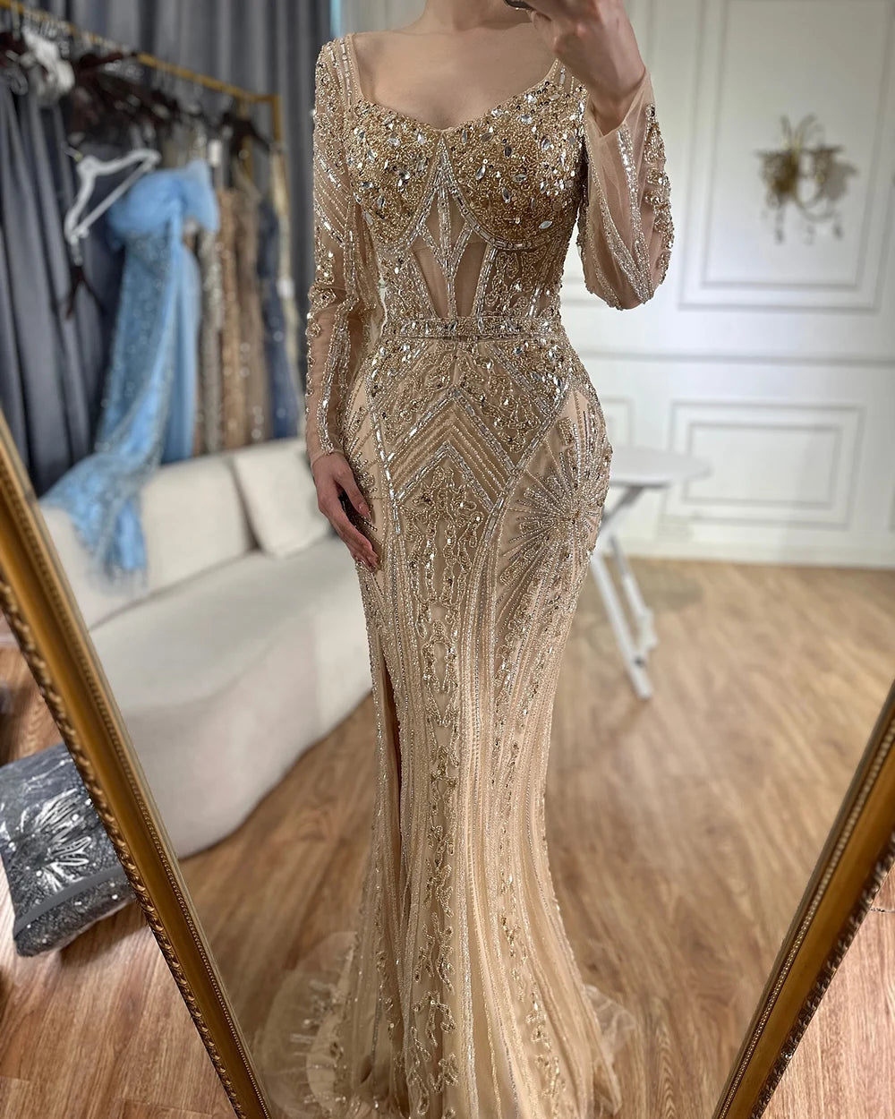Serene Hill 2024 Women Wedding Parties Dubai Arabia Luxury Beaded Evening Dresses Gowns Green Elegant Split Mermaid LA72518