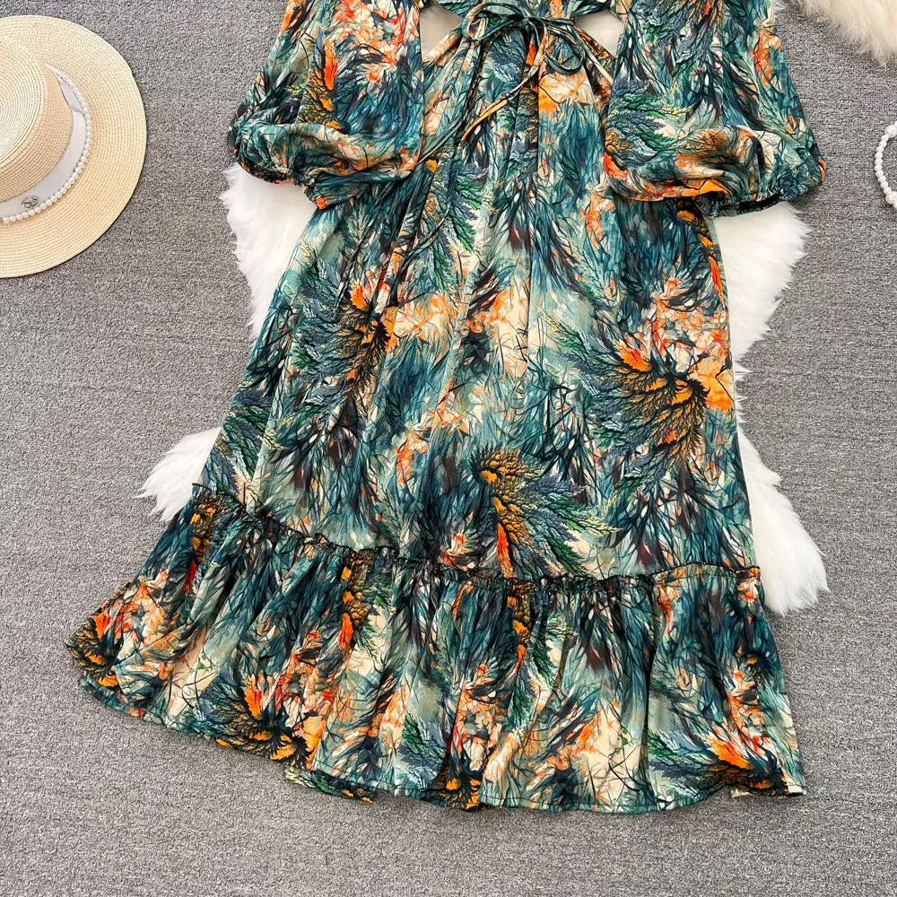 Elegant Casual A-Line Vintage Ruffle Print Long Dress Autumn Lantern Sleeve Party Boho Dresses Beach Holiday Female Vestidos