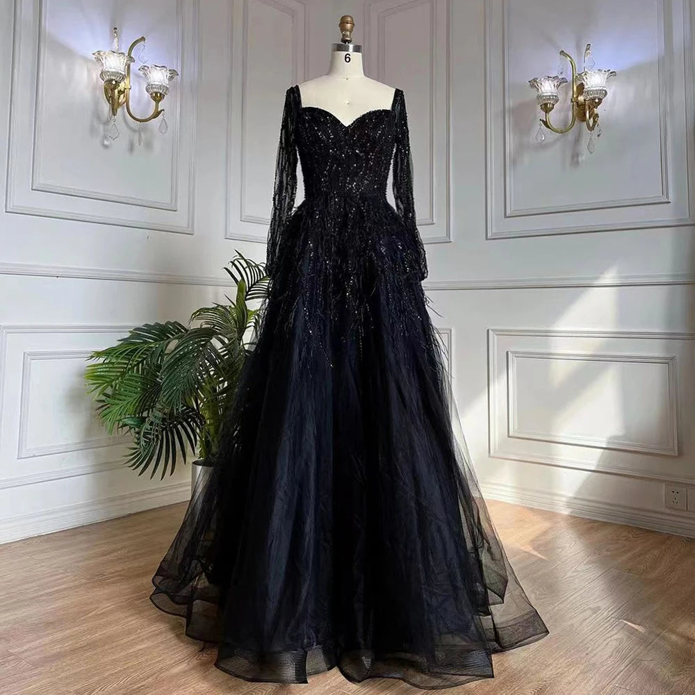 Serene Hill Arabic Red Elegant A Line For Women Long Sleeves Evening Dress Luxury Beaded Handmade Feathers 2024 LA71468