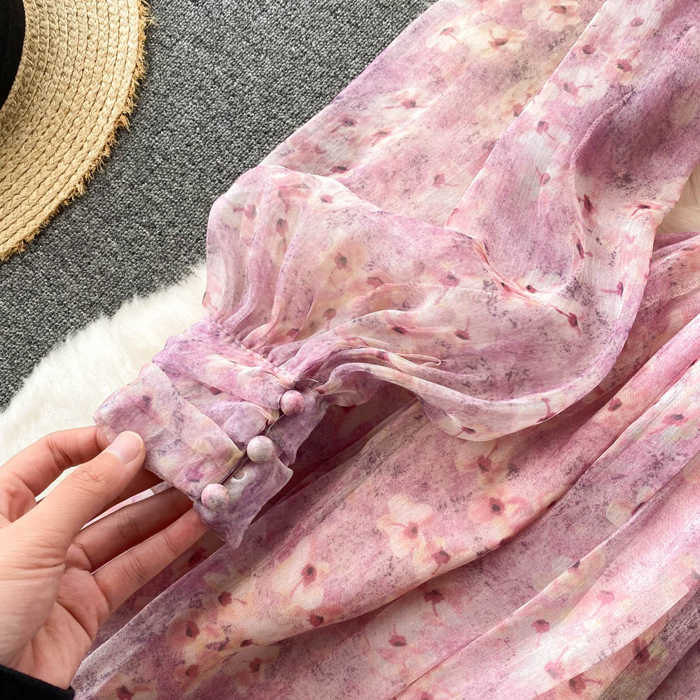 Vintage Floral Print Pleated Elegant Puff Sleeve Dress A-line Chiffon Beach Vacation casual Dress Women Summer Spring Vestidos