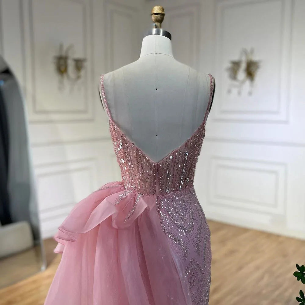 SERENE HILL 2024 Turquoise Spaghetti Strap Luxury Beaded Evening Dresses Mermaid Elegant Overskirt Gown For Women Party GLA72378