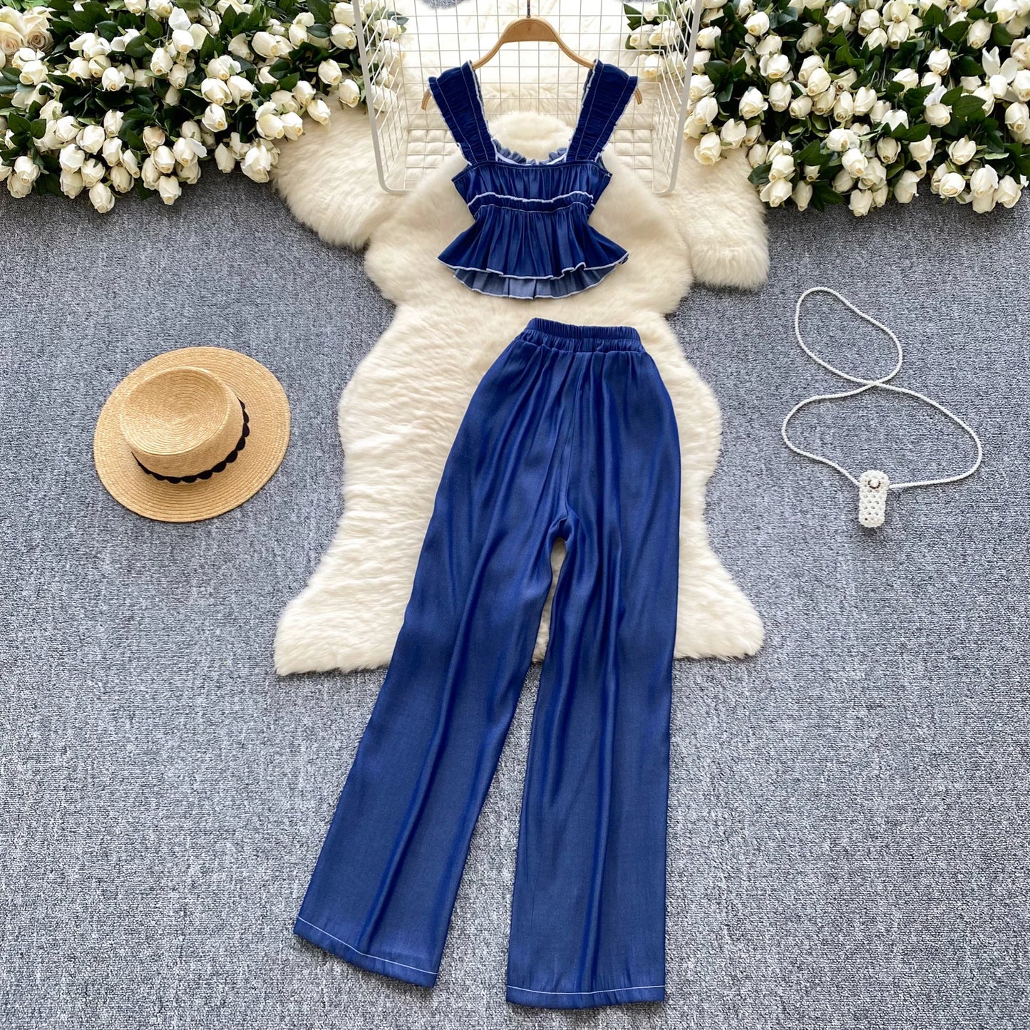 Fashion Womens Two Peice Sets Folds Lace-up Sleeveless Tank + Wide Leg Pants Elastic High Waisted Autumn Suits Ruched Dropship