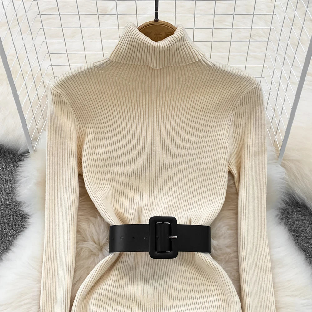 Elegant Turtleneck Long Sleeve Knit Soft Tight Pencil Dress with Belt Slim Fashion Warm Sweater Vestido Sexy Women Winter Robe