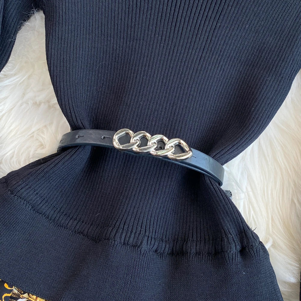 Women Chic Long Sleeve Stand Collar Patchwork A-line Dress Vintage Korean Fashion Knit Vestido Elegant Autumn Winter Knitwear