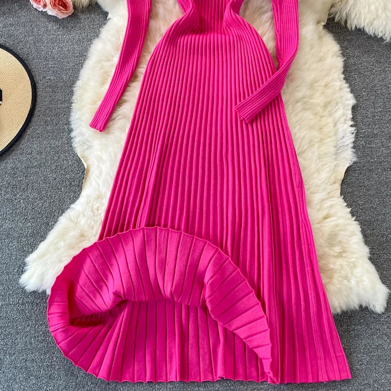 Women Chic Turtleneck Long Sleeve Sexy A-line Sweater Dress Vintage Korean Fashion Knit Vestido Elegant Autumn Winter Knitwear