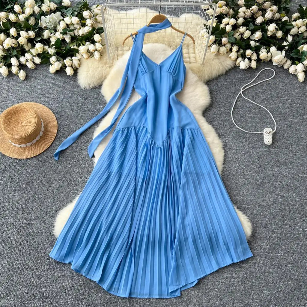 Summer Elegant Casual Women Solid Dress Halter A-Line Beach Holiday Party Long Robe Female Spaghetti Strap Boho Clothes Vestidos