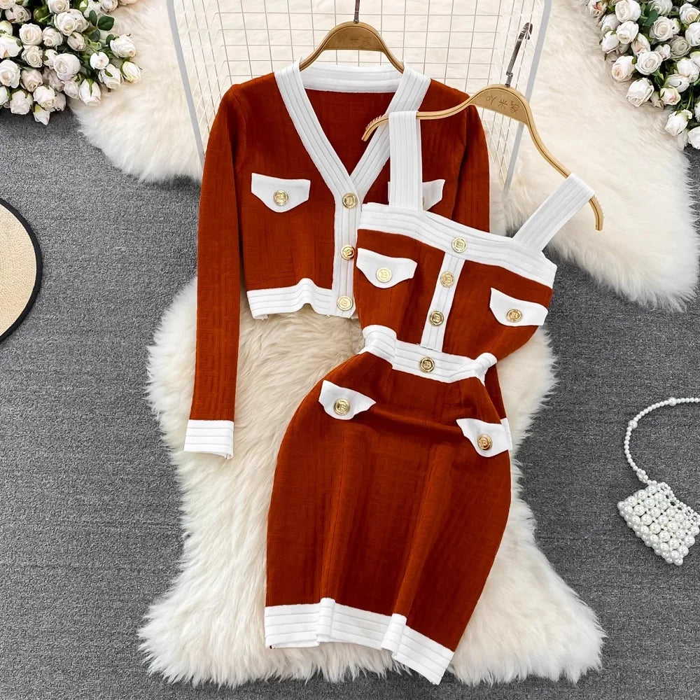 Spring Autumn New Trendy Knitted Two Piece Set for Women Vintage Elegant Slim Suits V-neck Short Cardigan+Mini Hip Wrap Dress