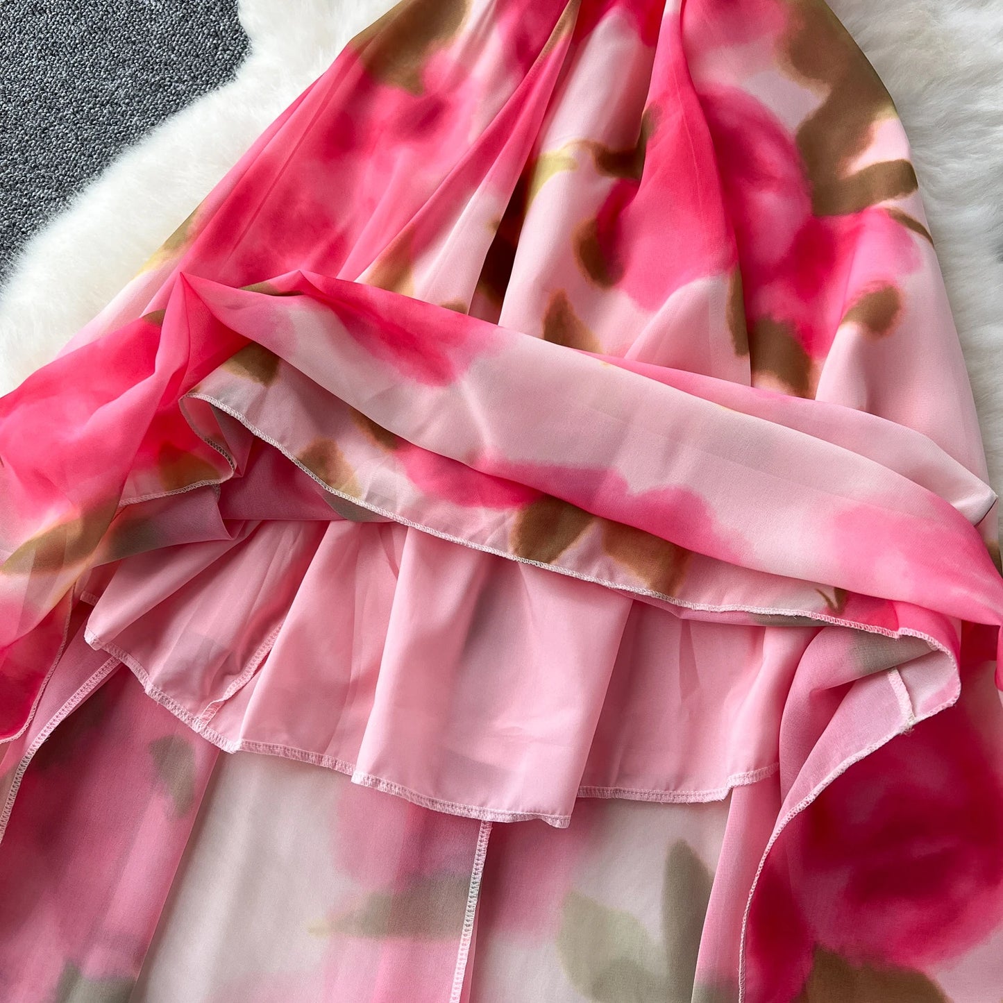 French Elegant Beach Dress Women Rose Print High Waist Chiffon Dresses Ladies Sleeveless Slim A-line Boho Long Robe Vestidos
