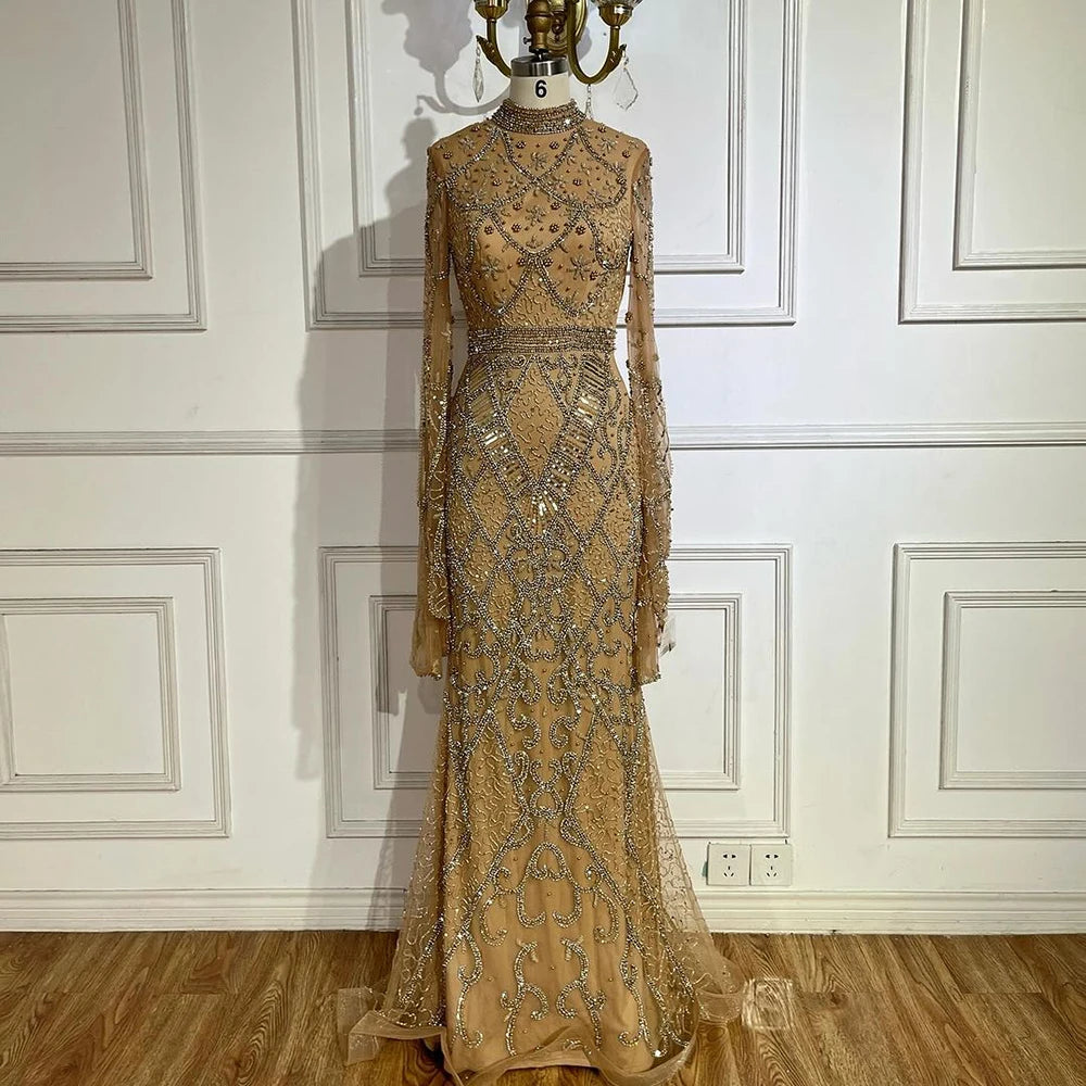 Serene Hill Muslim Grey Mermaid Elegant Nude Cape Sleeve Beaded Luxury Dubai Long Evening Dress 2024 Women's Party LA72316