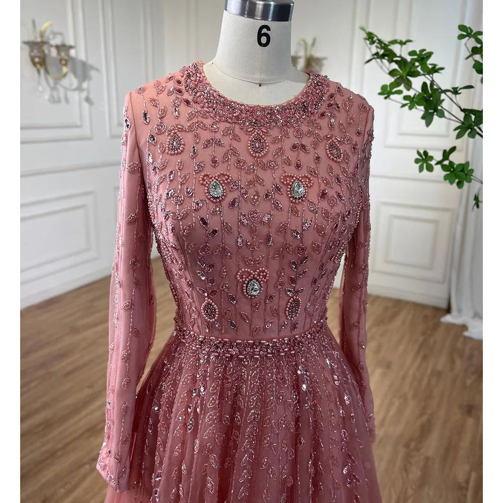 Serene Hill Peach Long Sleeves A-line Muslim Evening Dresses Luxury Beaded Dubai Wedding Party Gowns 2024 For Women GLA71803C