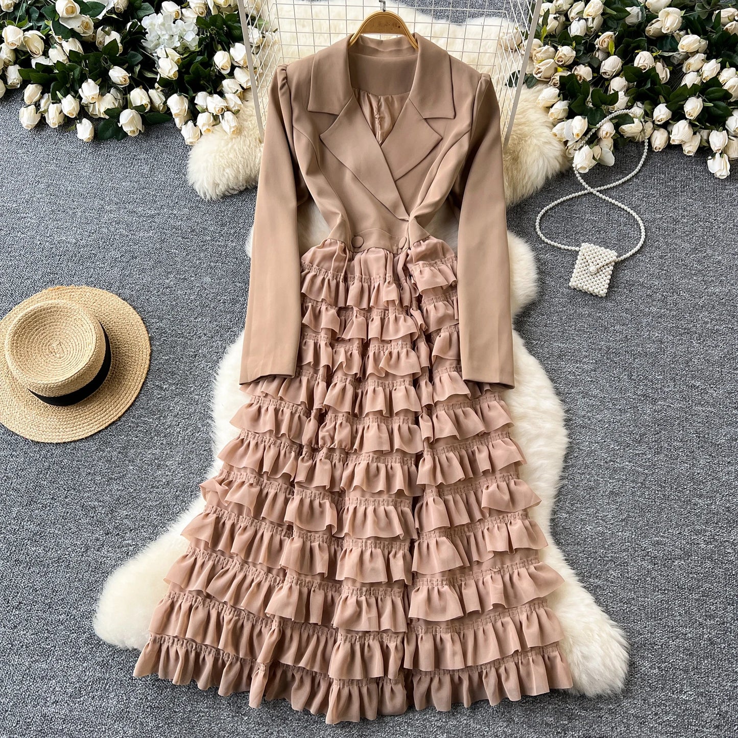 French Vintage Two Pieces Sets Notched lool sleeve mesh sweet A-line Chic PATCHWORK Women Summer dresses