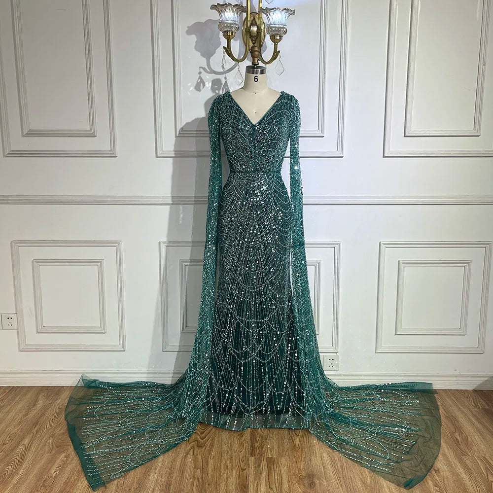 Serene Hill Arabic White Luxury Pearls Beaded Mermaid Cape Sleeves Evening Gowns 2024 For Women Wedding Party LA72160