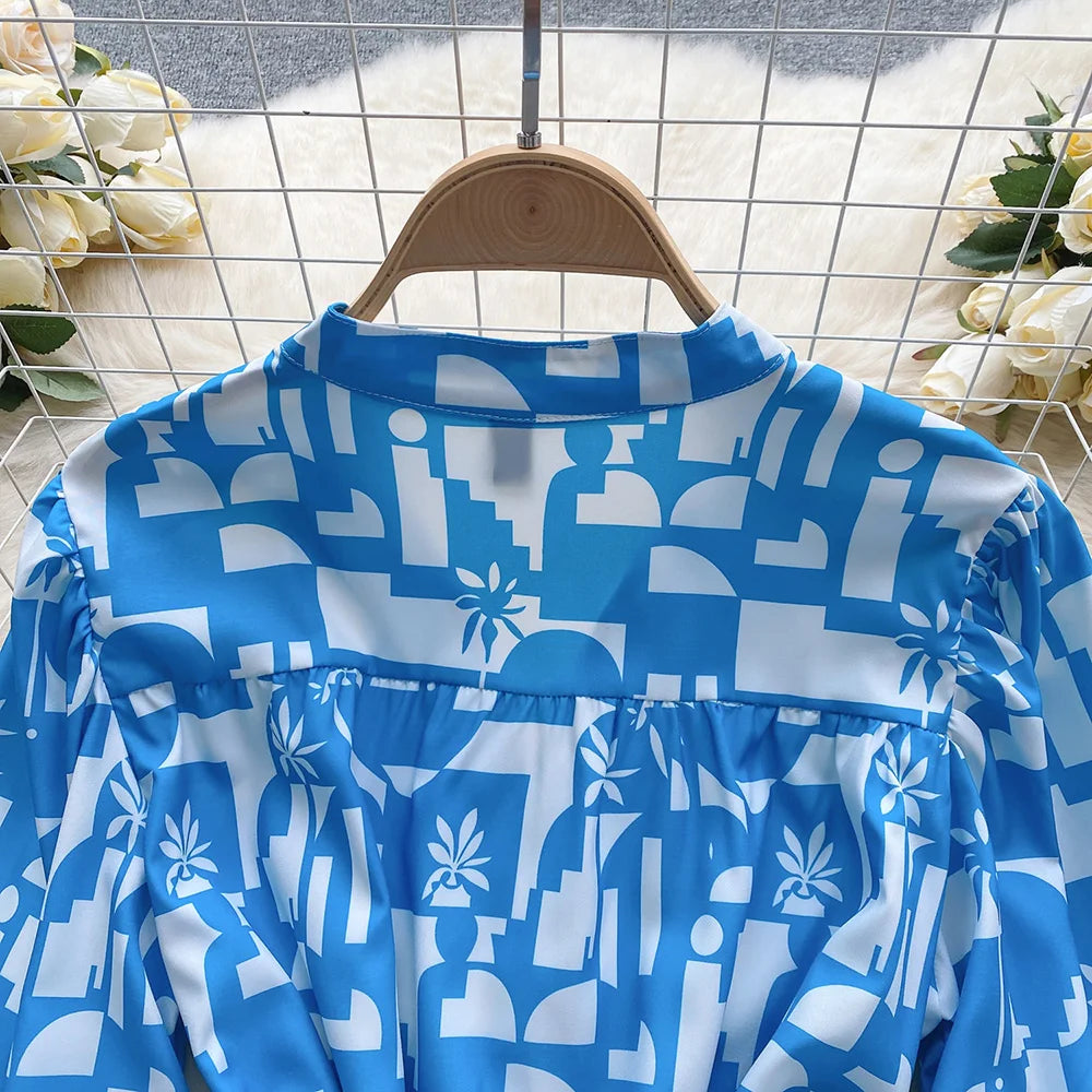 Short Dresses For Women Front Button Up Elegant Geometric Print Dress V Neck Long Sleeve Ruffle Hem Tie Belt Mini Casual Dress