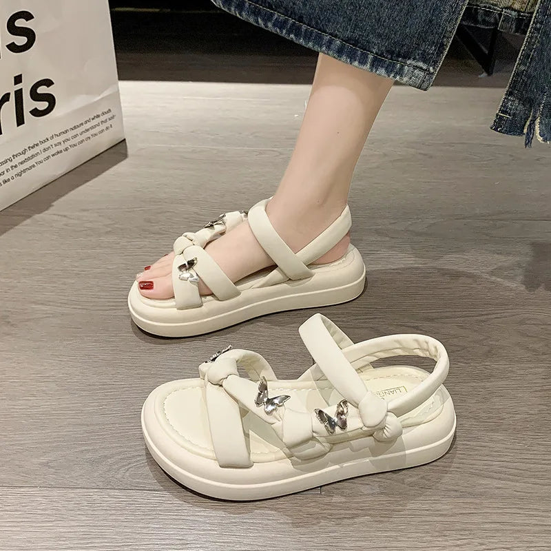 2024 Summer Low Sandals Woman Leather Bow Shoes Clear Heels Soft Low-heeled Comfort Clogs New Girls Fashion Slipper Rome Casual
