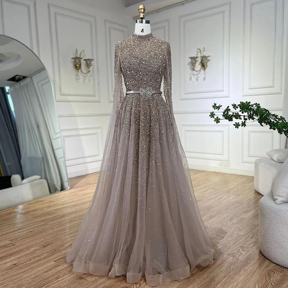 Serene Hill Blue A-Line High-end Beaded Luxury Cape Sleeves Evening Dresses Gowns 2024 For Woman Party Plus Size LA70066B