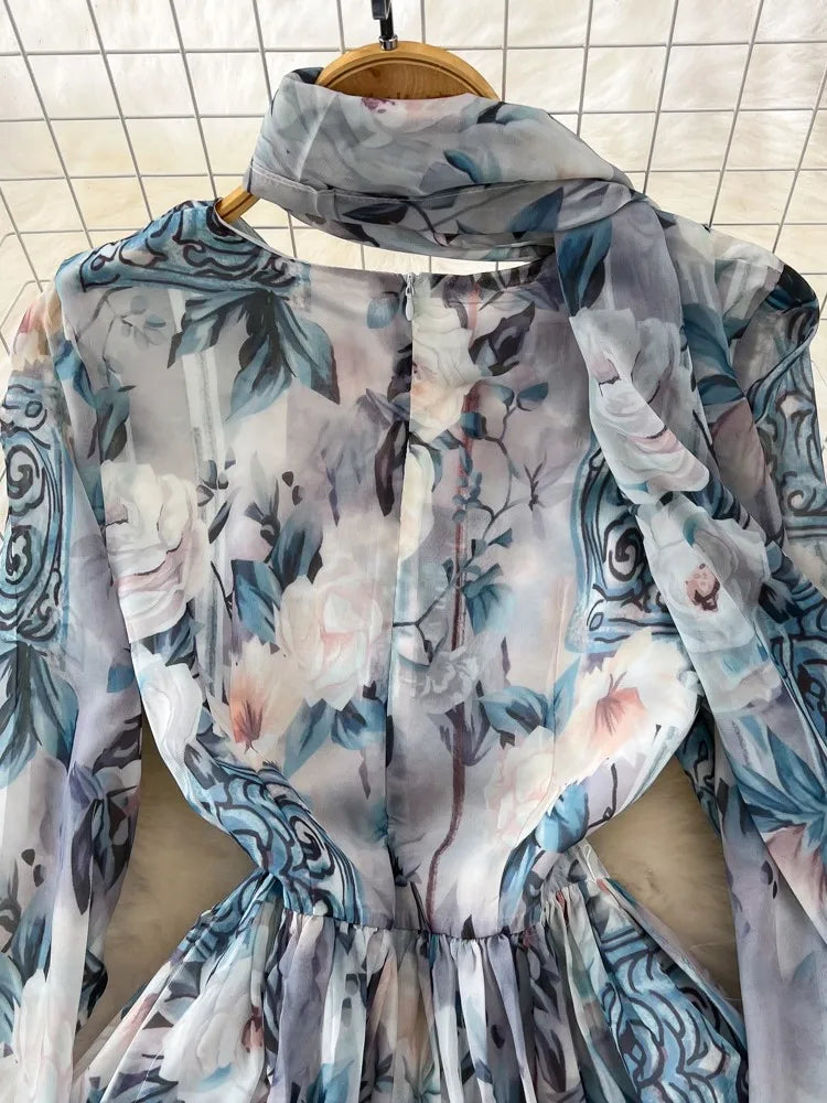 Elegant Chic A-Line Women Autumn Dress Long Sleeve Casual Floral Print Vintage Beach Holiday Vestidos Female Lace-up Robe Mujers
