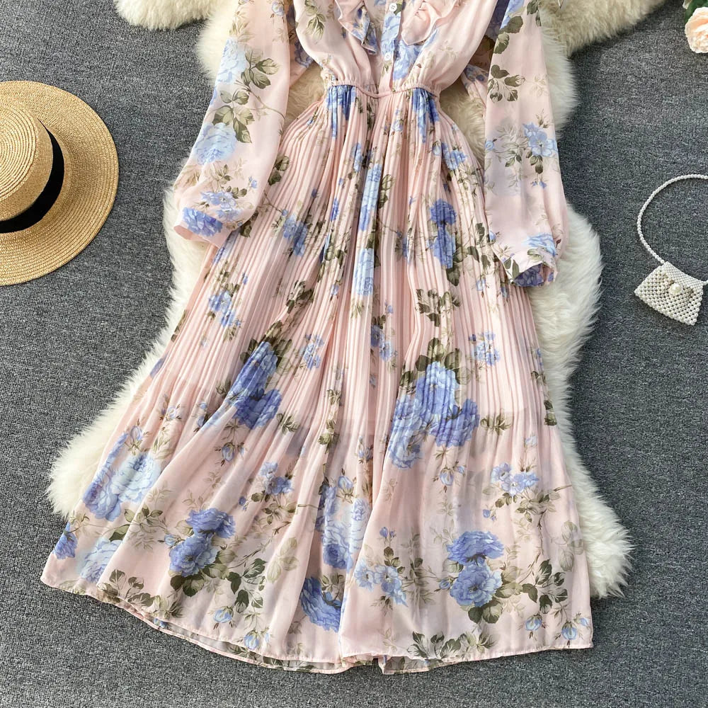 Retro Floral Print Pleated Elegant Chiffon Maxi Dress A-line Fashion Beach Vacation Party Dress Women Summer Spring Vestidos