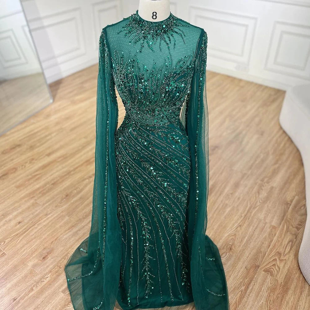 Serene Hill 2024 Nude Cape Sleeves Mermaid Lace Beaded Luxury Dubai Long Evening Dresses Gowns For Formal Occasion LA71885A