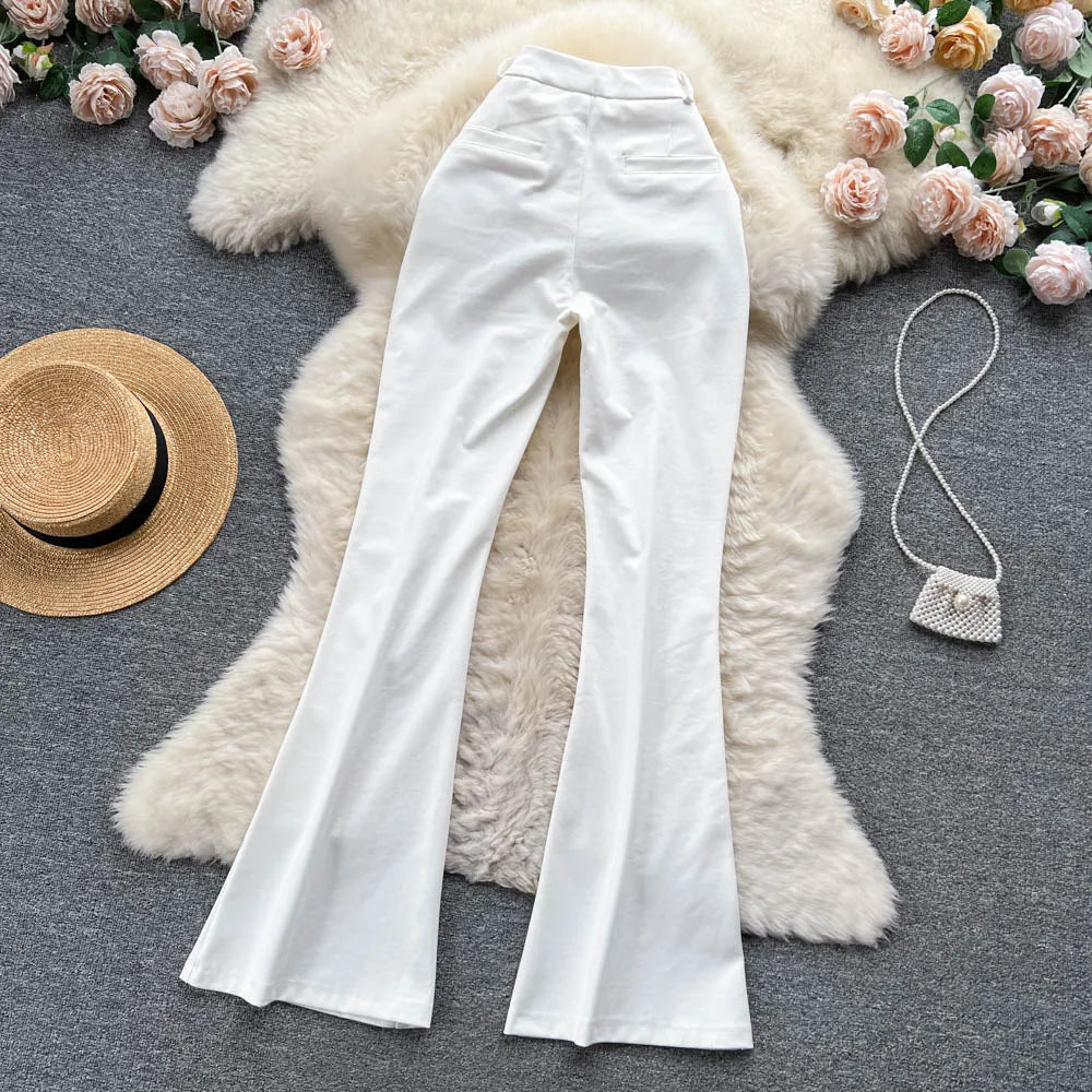 Spring Autumn Retro Flare Pants Women Casual High Waist Draping Slim Wide Leg Bottom Long Pants Korean White Black Trousers