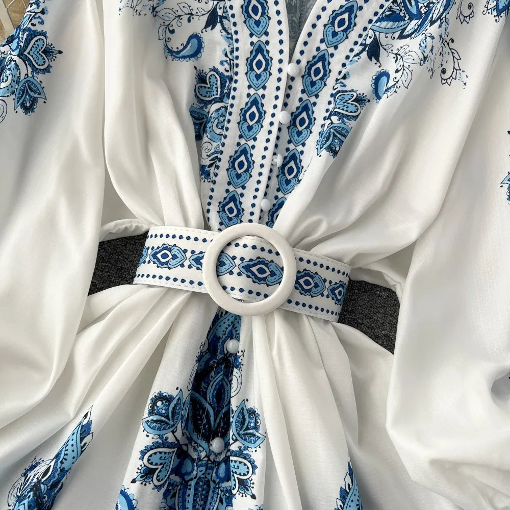 Vintage Print Elegant V-eck Single Breasted Lantern Long Sleeve Dress A-line Casual Women Fashion Summer Spring Vestidos