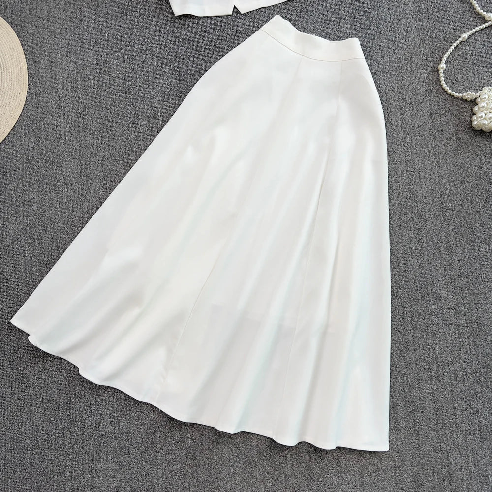 Chic Two Pieces Sets Sexy Single Breasted puff sleeve sweet blouse with Fashion basics A-line Skirt Vacation Sets
