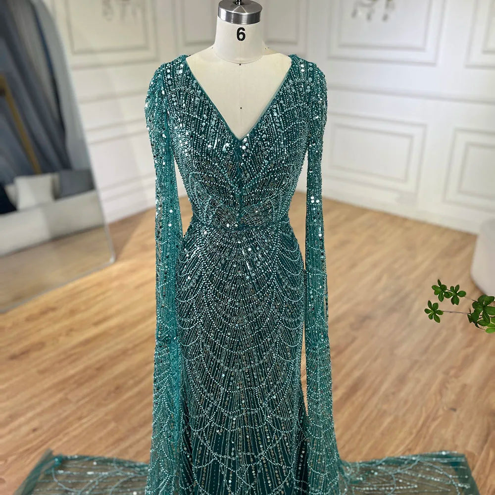 Serene Hill Arabic White Luxury Pearls Beaded Mermaid Cape Sleeves Evening Gowns 2024 For Women Wedding Party LA72160