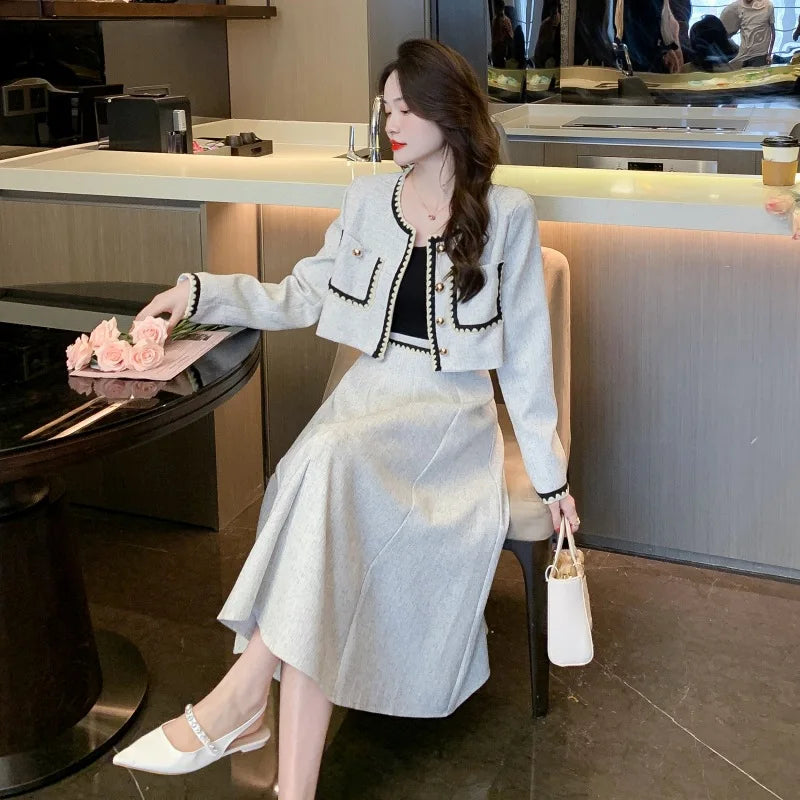 Small Fragrance Elegant 2-Piece Set Spring Autumn Trendy Women's Outfit O-Neck Short Coat+High Waist Midi A-line Skirt Suit