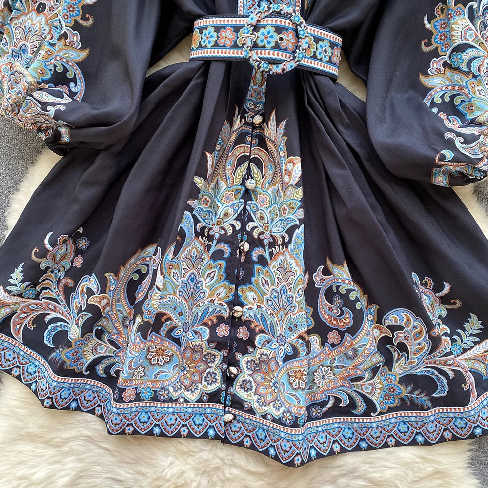 Bohemian Dresses For Women 2024 V Neck 3/4 Sleeve Spring Summer Vacation Mini Dress With Belt Boho Vintage Paisley Print Dress