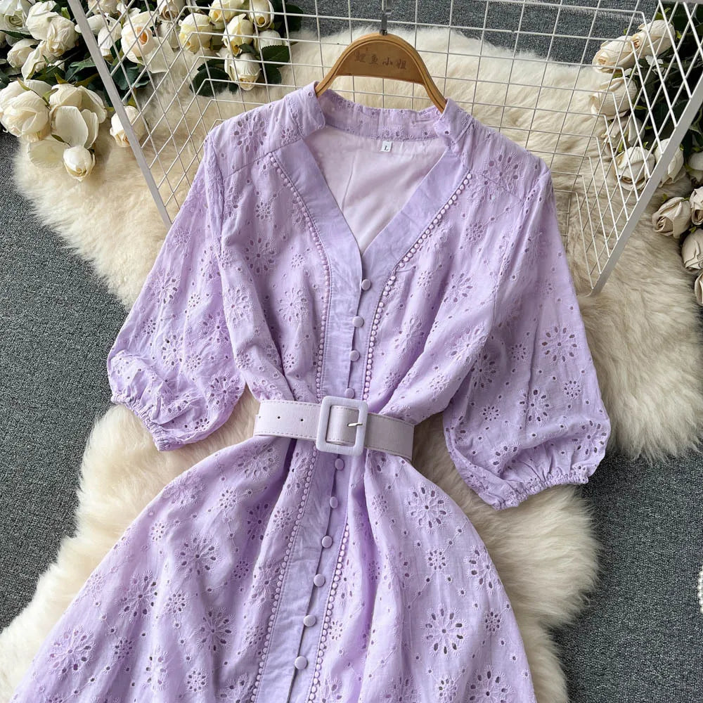 Summer V-neck Hollow Out Dress Women Bubble Sleeves Loose Embroidered Ruffle Edge Long Dresses Ladies Elegant Casual Long Robe
