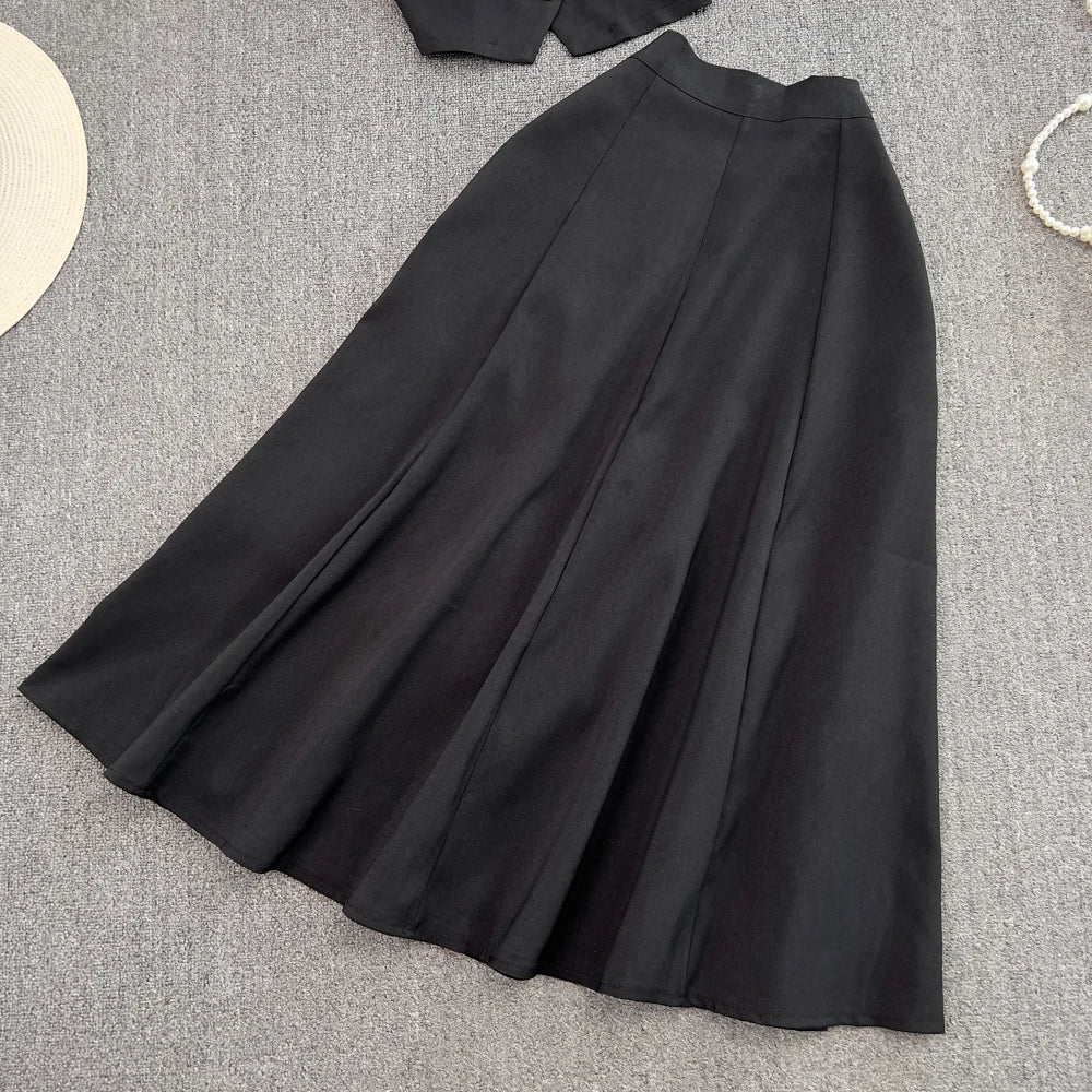 Chic Two Pieces Sets Sexy Single Breasted puff sleeve sweet blouse with Fashion basics A-line Skirt Vacation Sets