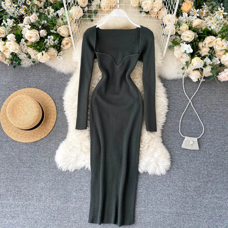 Women Long Sleeve Sexy Bodycon Dress with slit Vintage French Fashion Knit v neck Vestidos Basic Tight Elegant Slim Chic Dresses