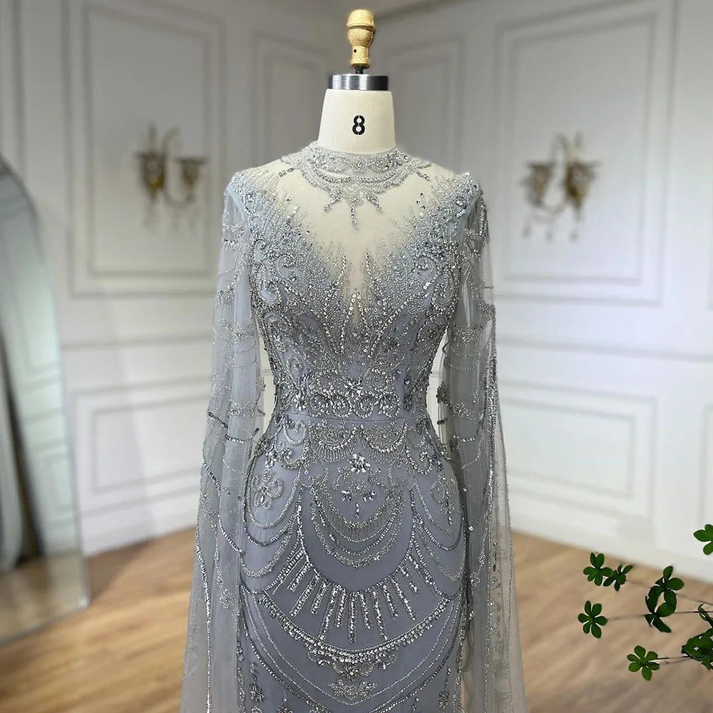 Serene Hill Dubai Gray Elegant Mermaid Beaded Lace Arabic Luxury Evening Dresses Gowns 2024 for Women Wedding Party LA72517
