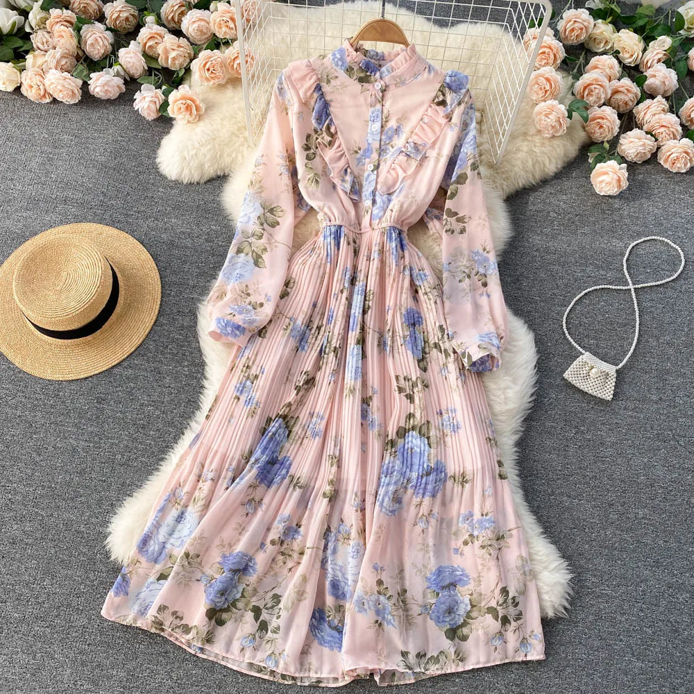 Retro Floral Print Pleated Elegant Chiffon Maxi Dress A-line Fashion Beach Vacation Party Dress Women Summer Spring Vestidos