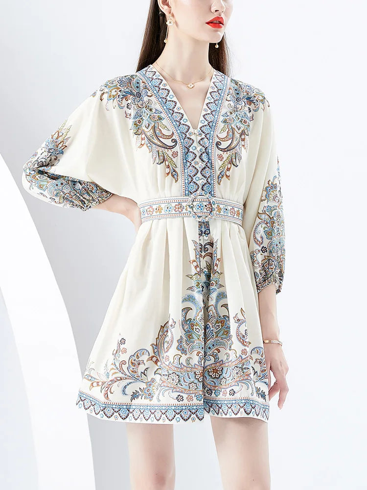 Bohemian Dresses For Women 2024 V Neck 3/4 Sleeve Spring Summer Vacation Mini Dress With Belt Boho Vintage Paisley Print Dress