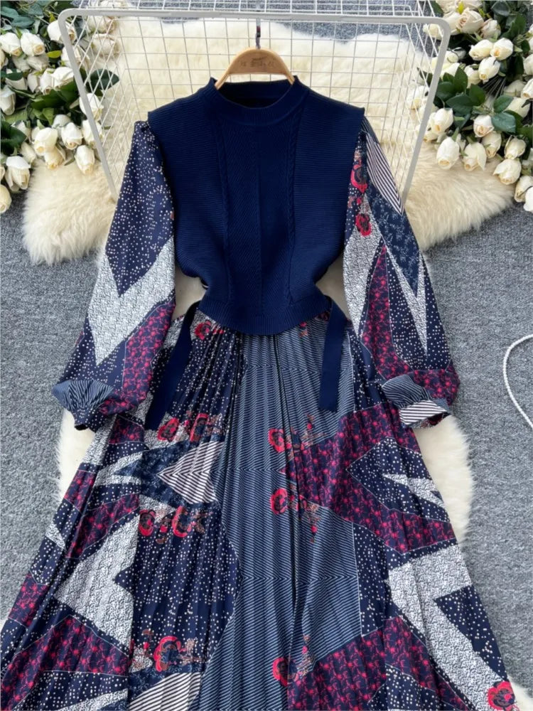 French Vintage Patchwork Print Knitted Dress Elegant and Chic Boho Beach Holiday Dresses A-Line Slim Waist Pleated Vestidos New