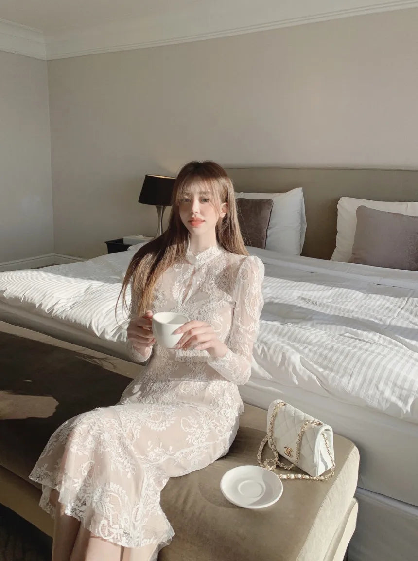 Elegant and Slim fitting Semi Transparent Lace Set Women's Spring Temperament Long Sleeved Top+Long Fishtail Skirt Two-piece