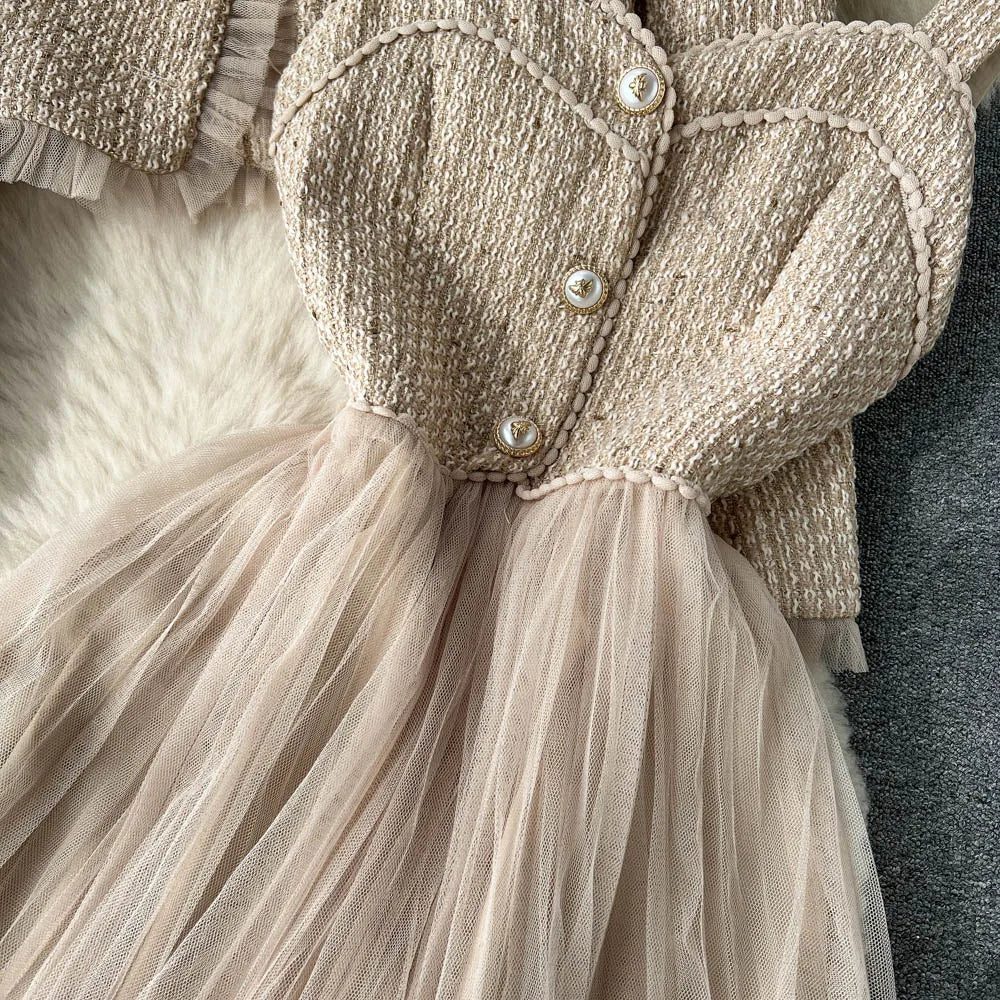 Elegant Small Fragrance Two-Piece for Women's Strap Mesh Midi Dress+Short Thick Tweed Jacket for Women's Spring and Autumn Set