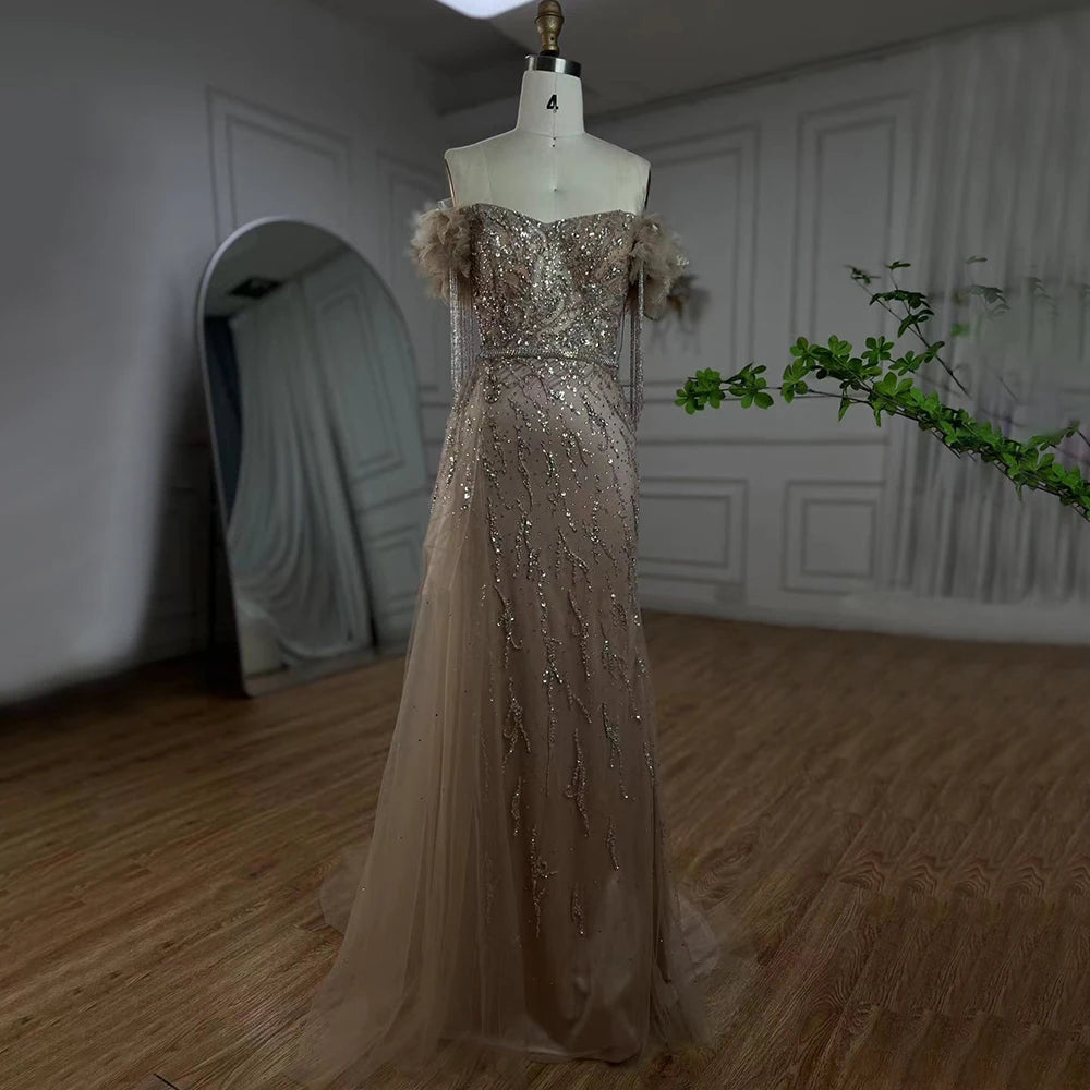 Serene Hill Arabic Dubai Nude Mermaid Luxury Evening Dresses Gowns Boat Neck Beaded Tassel For Women Wedding Party 2024 LA72260