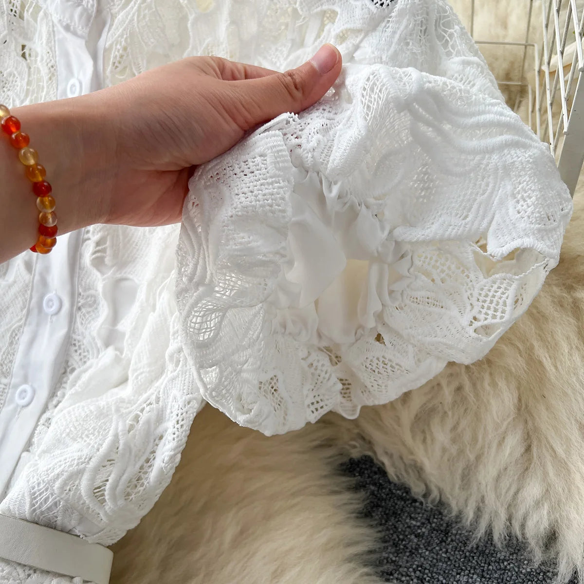 Summer Dresses For Women 2023 Luxury Party Elegant Openwork Embroidery Lace Dress Short Puff Sleeve White Mini Dress With Belt