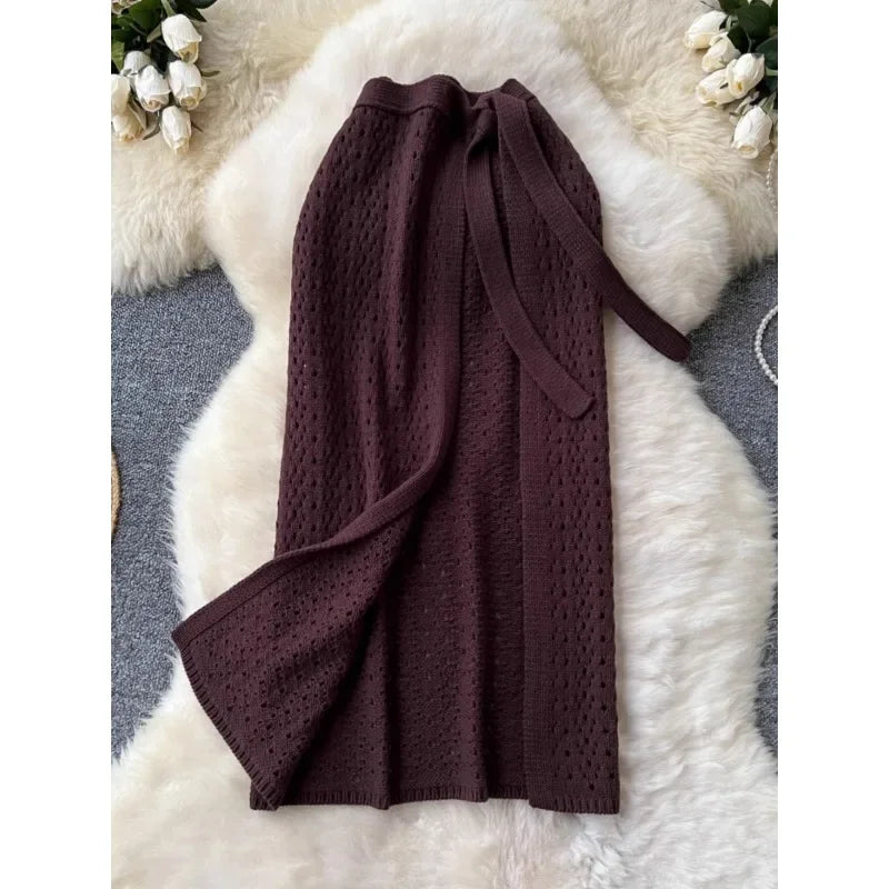 Korean Skirts Women Design Lace-up Waist Hollow-out Crochet Knitted Skirt Split Slim-fit Midi Long Skirts Women Two-piece Sets