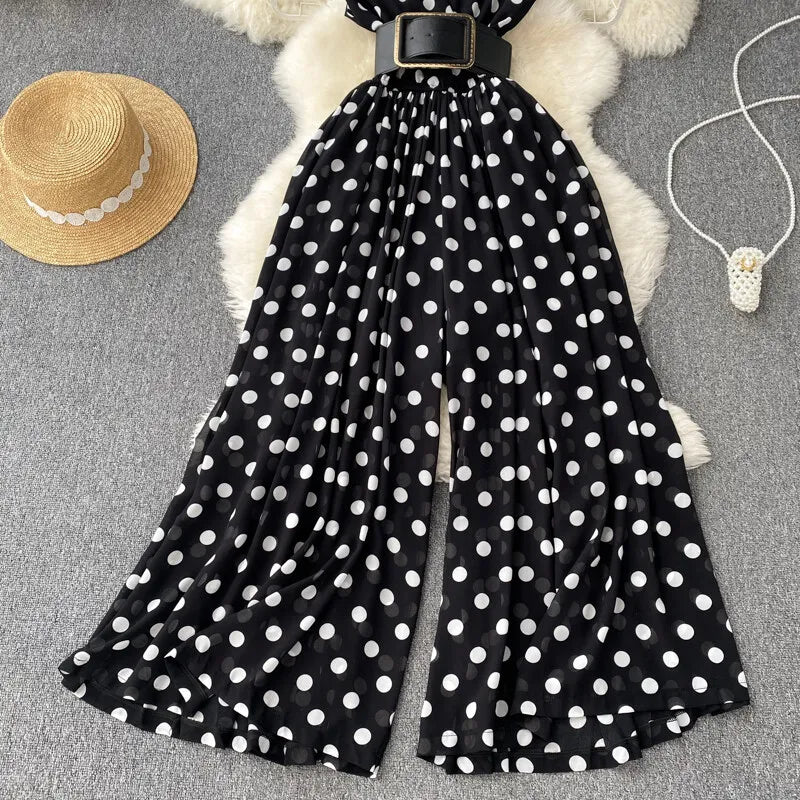 Women Chiffon Striped Jumpsuits Summer Sexy V-neck Sleeveless Elegant Wide-leg Long Pants Playsuits Ladies Dot Romper Overall