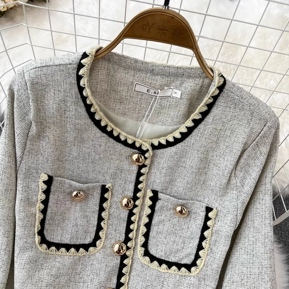 Small Fragrance Elegant 2-Piece Set Spring Autumn Trendy Women's Outfit O-Neck Short Coat+High Waist Midi A-line Skirt Suit