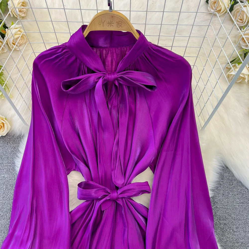 Autumn Elegant Women Fashion Party Long Dress Bow Lace Up Long Sleeve Evening Dresses A-Line Casual Vestidos One Piece Prom Robe