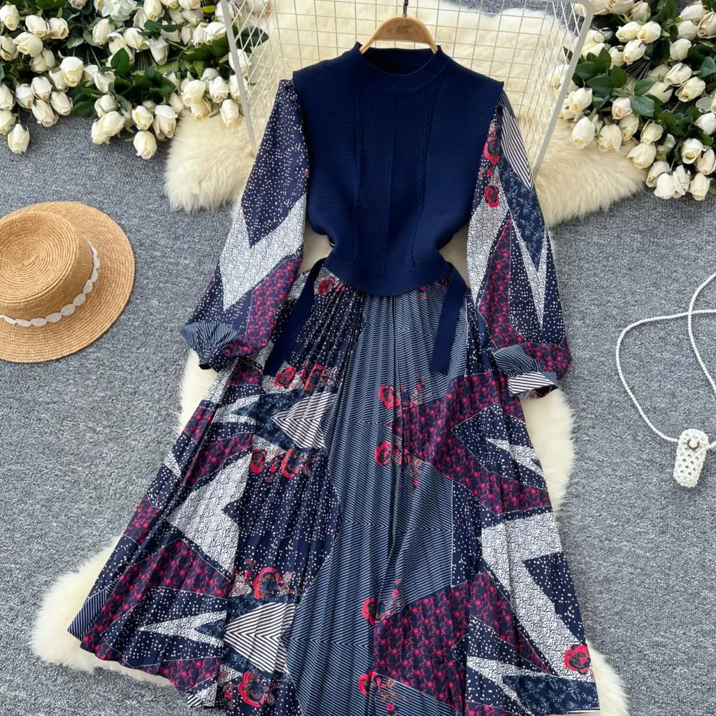 French Vintage Patchwork Print Knitted Dress Elegant and Chic Boho Beach Holiday Dresses A-Line Slim Waist Pleated Vestidos New